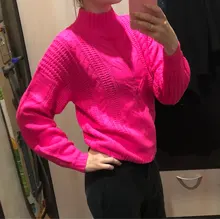 De las mujeres suéter de punto rosa fucsia cuello alto Medio firme larga jerseys Casual holgado de punto, Camisas de mujer sudaderas