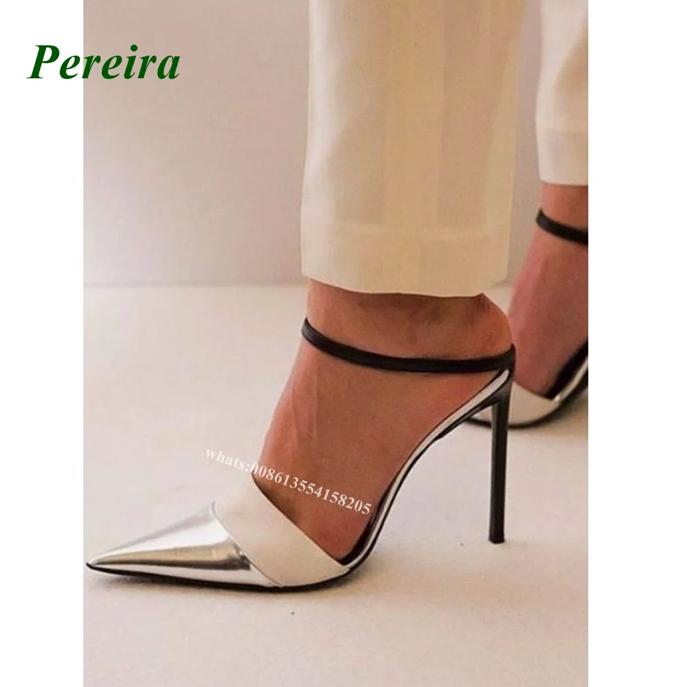 

2022 New Pointed Toe One Strap Slippers Stiletto High Heels Metal Toe Leather Versatile Women's Summer Wear Fashionable Slippers