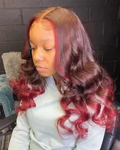 Pelucas de cabello humano con encaje frontal 13x4 para mujer, 180% ombré rojo borgoña, pelucas brasileñas de cabello ondulado rojo Remy prearrancado