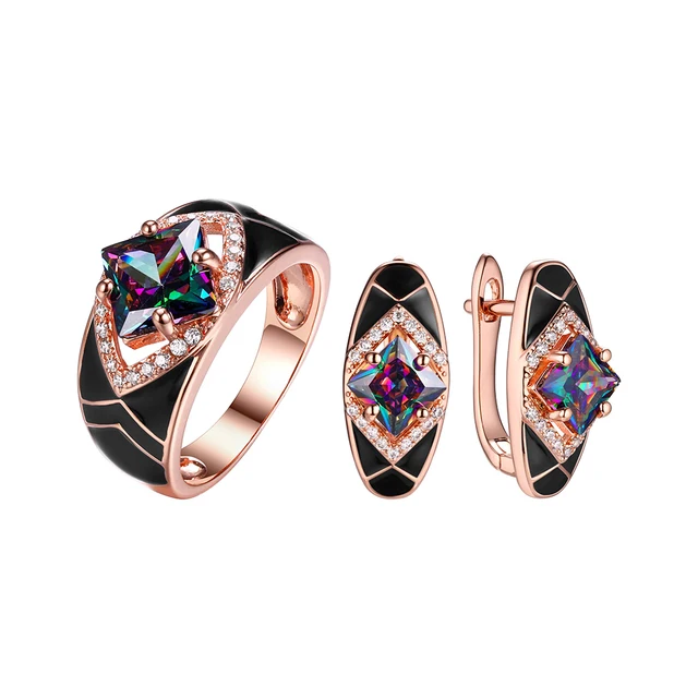 Huadie women's fashionable set of enamel decoration with zircons. Earrings and ring with a large zircon. Black enamel. new. 2022 trend Mystic gold