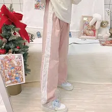 MINGLIUSILI-Pantalón de pierna ancha Kawaii para mujer, pantalones con estampado de conejo a la moda, coreanos, de cintura alta, color rosa, primavera 2021
