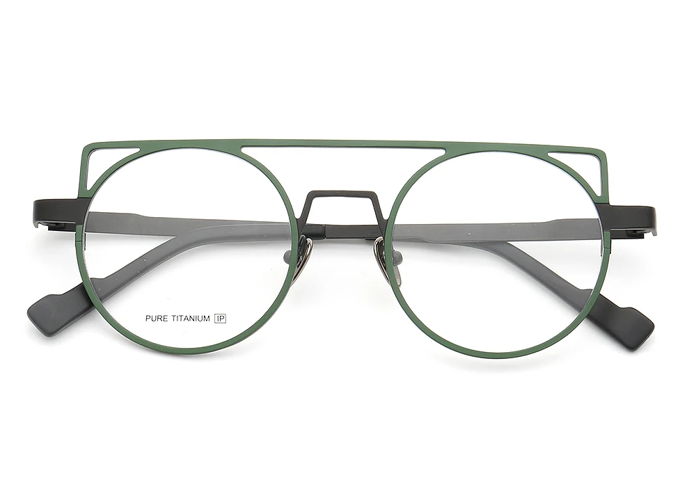 Женские круглые Двойные мосты уникальные Cateye из чистого титана Металлические легкие очки повседневные Популярные оправы для очков синего цвета по рецепту - Цвет оправы: GreenBlack C2