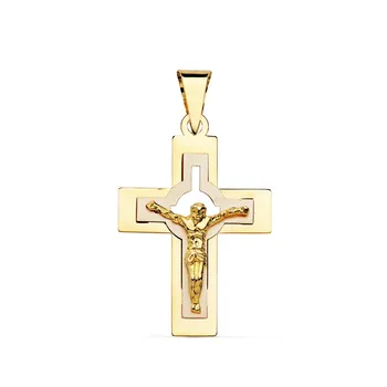 

Gold Cross pendant two-tone 18k crucifix 27mm. Christ Center openwork flat stick