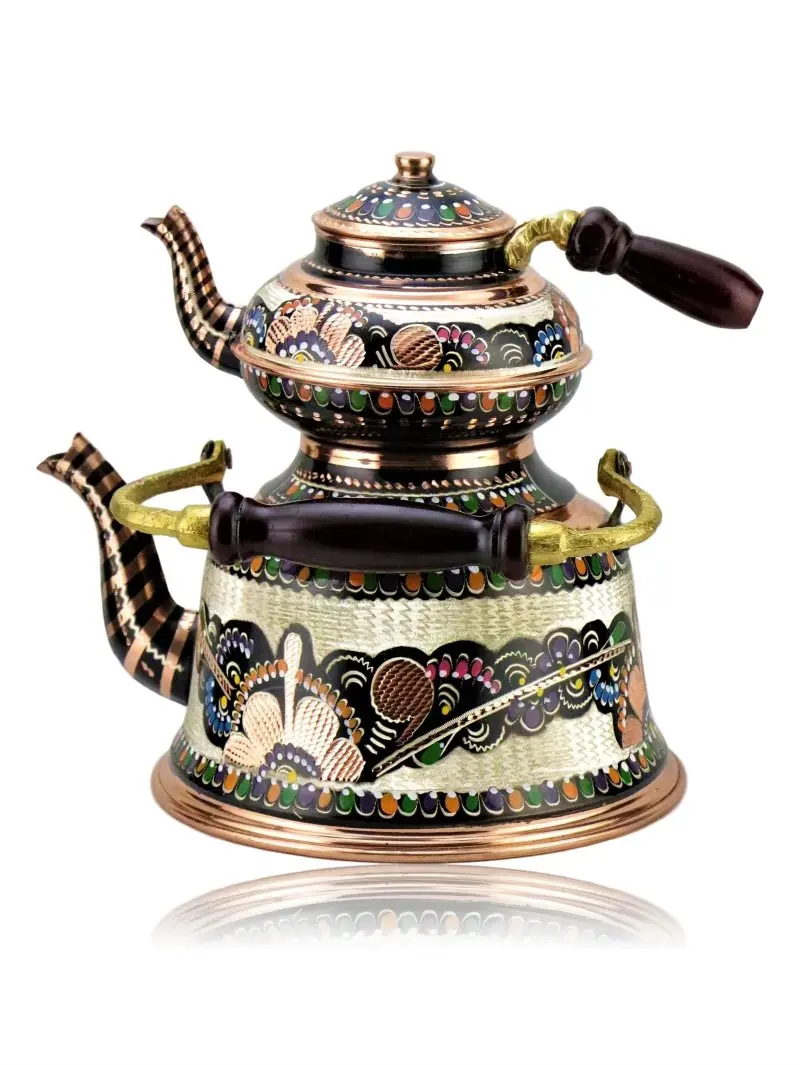 

SONAYCOPPER Rose Flower 0,8mm Thick Natural Handmade Turkish Copper Painted Tea Pot Kettle Stovetop Teapot, LARGE 3.2 Lt