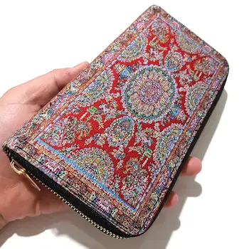 

Handmade Turkish Carpet Pattern Vegan Leather Women Wallet Clutch Slim With Zipper Big - Boho Style - Hippie Purse - Gift F