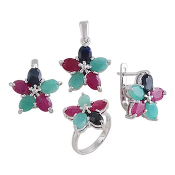 

Silver 925 Sterling Ruby, Emerald and Sapphire Cubic Zirconia Flower Set