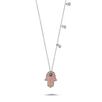 

Angemiel 925 Sterling Silver Enamel & Zircon Crystal Fatma Master Hand Dangle Necklace-Rhodium Plated