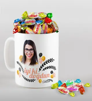 

Personalized Photo Birthday Theme Mug and Haribo Fruitbons Candy Gift Seti-9