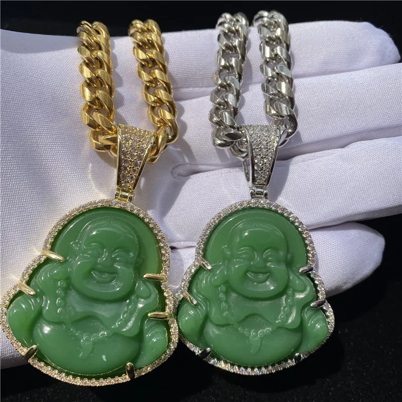 

18K Gold Plated Green Jade Lab Simulated Diamonds Laughing Buddha Iced Out Pendant Necklace with Stainless Steel Cuban Chain