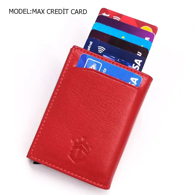 Smart Wallet Business Card Holder Real Cow Leather Handmade Smart Automatic Card Holder Men Gift Max Credit Card Red