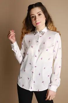 

Women Colar Cubic Zirconia Seagull Pattern Satin Shirt