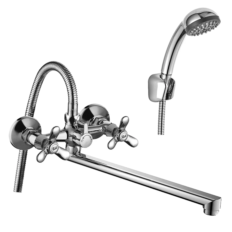 Смеситель для ванны ROSSINKA Q02-80 (Аэратор с функцией легкой очистки, Керамические вентильные головки, гибкая подводка 30 см - 2шт, присоединительная группа для горизонтального крепления)