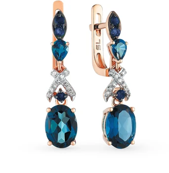 

Gold earrings with sapphires, topaz and diamonds sunlight sample 585 test