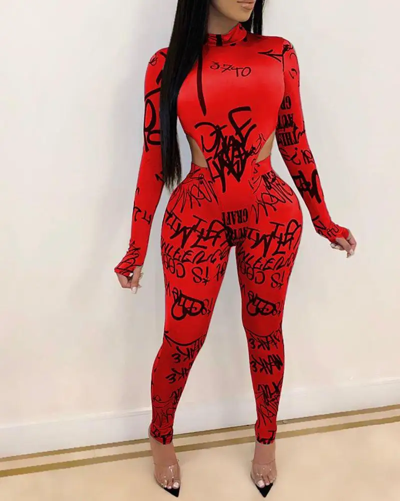 

2020 Spring Women Fashion Elegant Letter Print Cutout Top & Pants Set Sexy Stand Neck Long Sleeve Bodysuits Skinny Elastic Pants