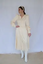 A-Line Dress V-Neck Spring Bishop-Sleeve Satin Simplee Chic Elegant Vintage High-Waist