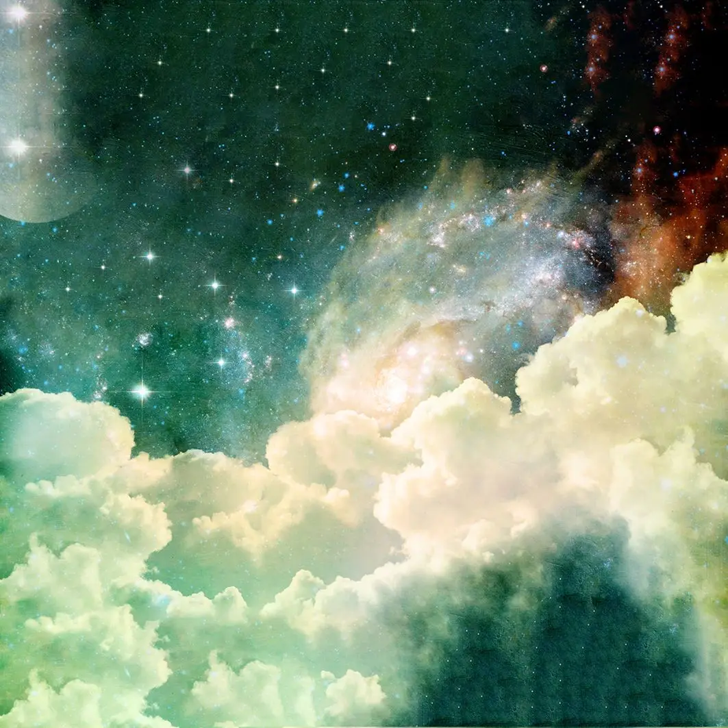 Облака Звезды Луна Млечный Путь галактика тема драматический Surreal Cloudscape Художественная печать зеленый бежевый коричневый занавеска для душа