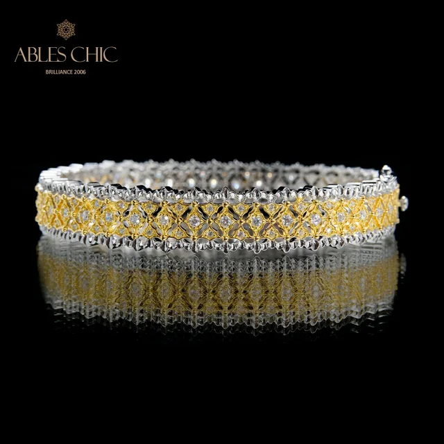 Solid 925 Silver Renaissance Honeycomb Lacy Wedding Bangle 18K Gold Tone Starry Floral Wide Bracelets C11B2S25863 3