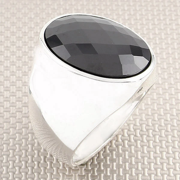 Sterling Silver Mens Simple Rings with Oval Black Zircon Gemstone ...