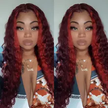 Topodmido 13x4 Color rojo del pelo humano del frente del cordón pelucas con minimechones resaltar el Color de cabello Remy brasileño peluca con malla frontal para las mujeres