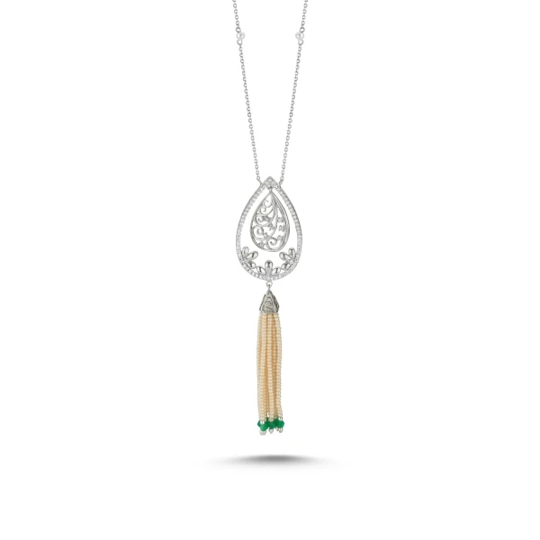 

Silver 925 Sterling Majorca Pearl and Jade Stone Tassels Zircon Cubic Zirconia Necklace