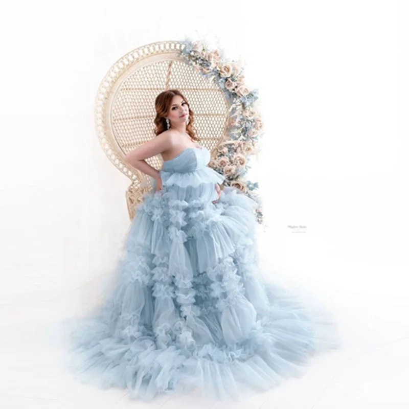 

Unique Light Blue Ruffles Tiered Tulle Maternity Dresses Pretty Strapless Sleeveless Pregnancy Gowns To Photo Shoot Plus Size