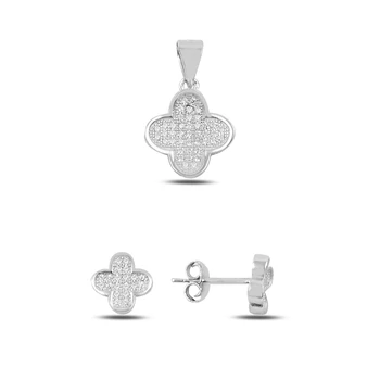 

Silver 925 Sterling Four Leaf Clover Zircon Earrings & Pendant Set