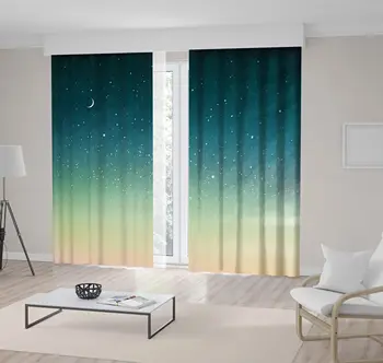 

Curtain New Moon Stars over Clouds Colorful Night Sky in Soft Colors Art Printed Pink Beige Green Teal