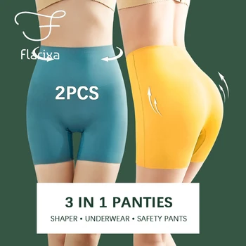 Flarixa 2PCS 3 1 안전 바지 높은 허리 원활한 여성 반바지 바디 쉐이핑 속옷 플러스 크기 얼음 실크 복서 팬티 얇은