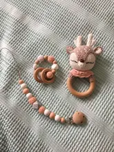 Sonajero de ganchillo para bebé, alce, zorro, oso, sonajero mordedor con campanas, anillos de madera para juguete educativo Montessori recién nacidos, juguetes para bebés