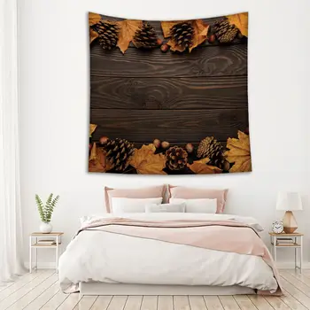 

Tapestry Autumn Leaves Pinecones and Chestnuts on Wooden Table Country Style Home Decor Brown Yellow
