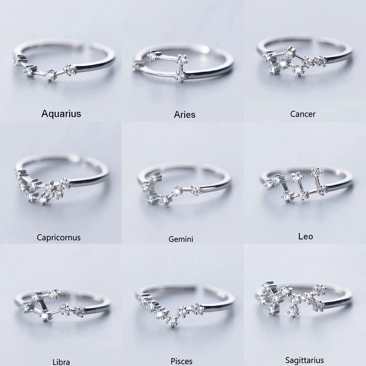 

Minimalist Inlaid Cubic Zircon 12 Constellation Rings For Women Zodiac Sign Adjustable Finger Ring Simple Silver Color Jewelry