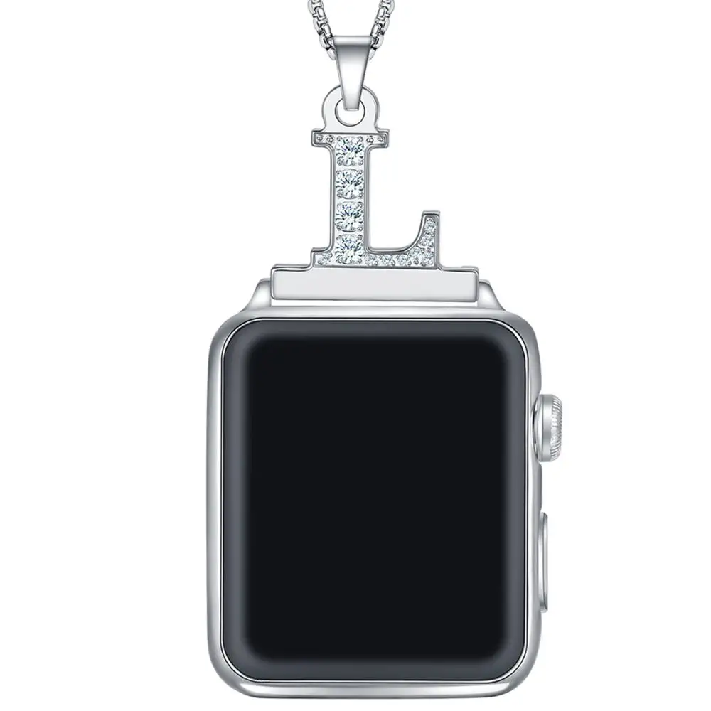 

2 in 1 Zircon Letter Necklace Pendant Watch Connector Adapter Stainless Steel Chain Compatible for Smart Watch 40mm 42mm 44mm