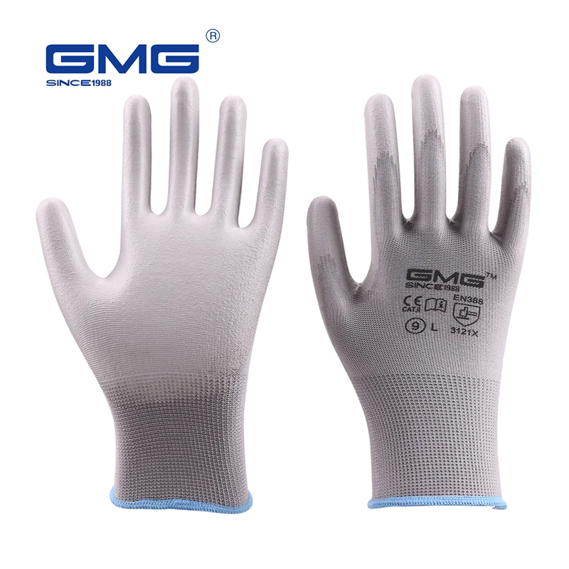 Защитные перчатки GMG серый полиэфирный корпус серый PU покрытие перчатки для безопасности работы ручные перчатки механик
