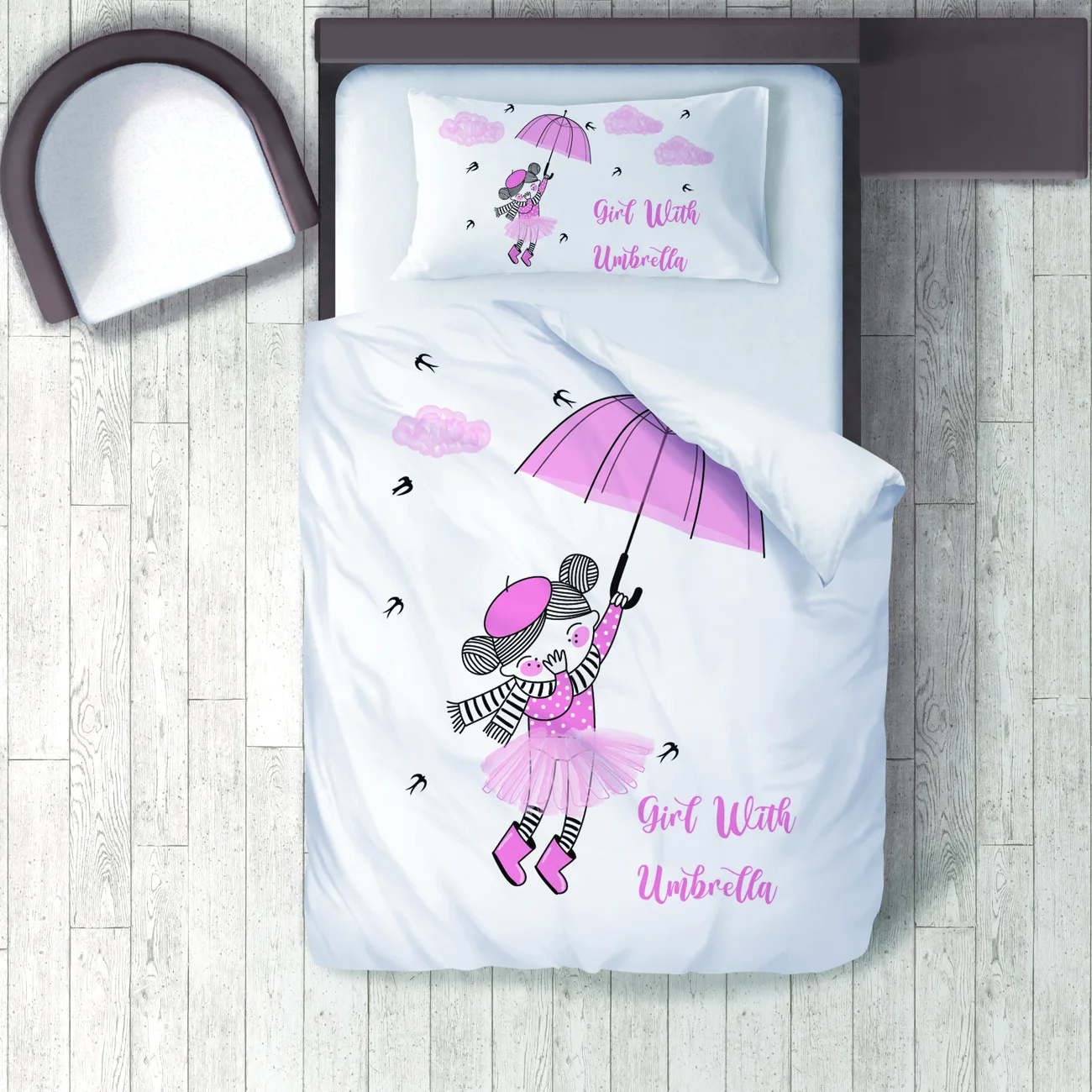 

Duvet Cover Set Bedding Set Pillow Case for Baby and Kids Room 3D Printed Girl with Pink Umbrella Model 092