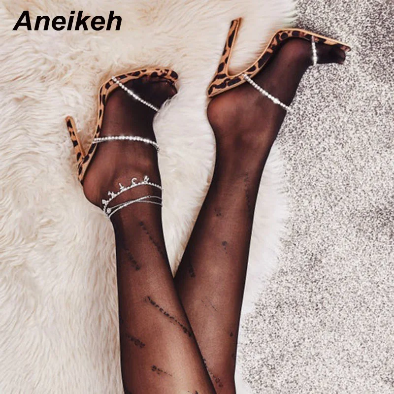 

Aneikeh Fashion Leopard Print Gladiator Shoes Woman Heeled Sandals Peep Toe Thin High Heels Sandals Rhinestone Slingback Ladies