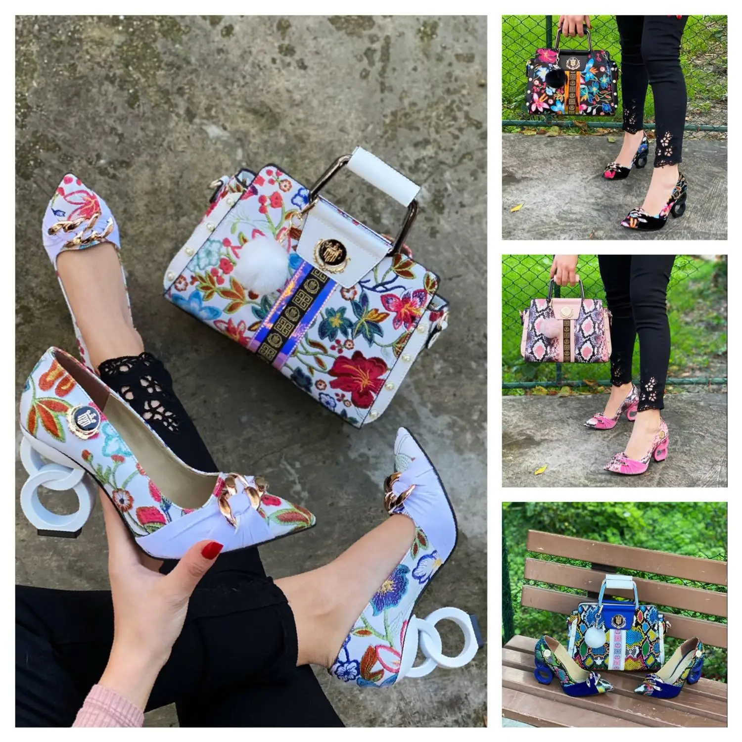 Miss Melisa-zapatos de tacón con estampado floral, zapatos y Bolsa