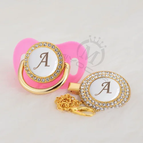 MIYOCAR Gold silver name Initials letter white elegant A beautiful bling pacifier and pacifier clip BPA free dummy bling LA-W - Цвет: LA-3-W   6-18M
