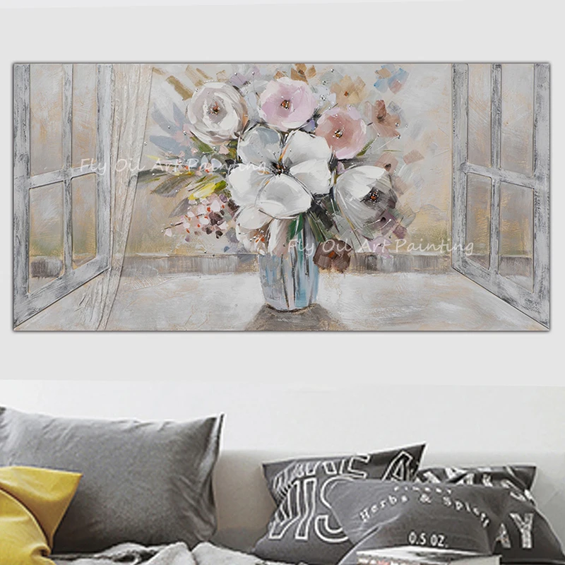 

100% ручная работа, большой размер, белый и розовый цветок с вазой на окне, картина маслом для офиса, гостиной, украшение