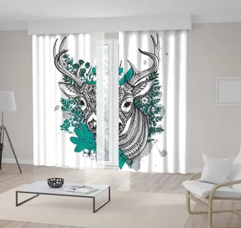 

Curtain Dear Head in Forest Flowers Leaves Tree Branches Doodle Style Decorative Artwork Green Black White