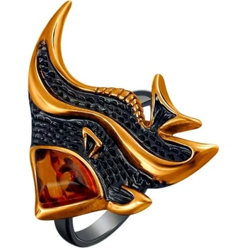 

Baltic gold ring "fish" with Amber made of black silver with gilding