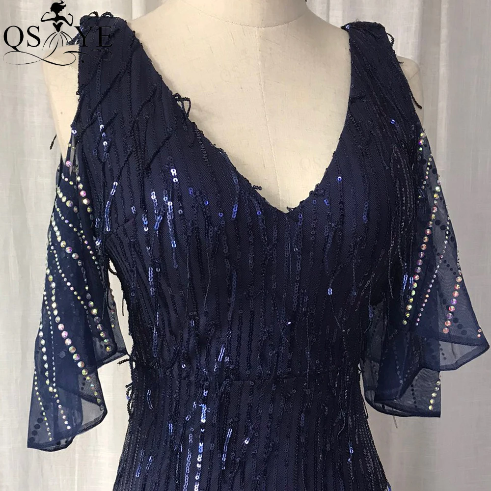 Navy Feather Evening Dress Sequin Mermaid Party Gown Flatter Side Sleeves Stretch Formal Dress V Neck Dark Blue Prom Gown 2022 hot pink prom dress