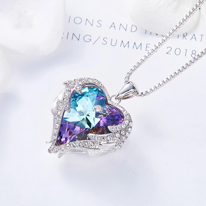 Fashion Simple Creative Ocean Heart Necklace Exquisite Heart Angel Wings Colorful Crystal Pendant Gifts for Girls fashion necklace pendant necklaces pendant necklace