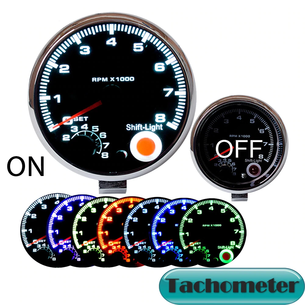 New GAUGE Car Gauge 3.75 Inch 95mm Tachometer Chrome for 7 LED Colors Adjustable 12V 3 3/4&quot Meter 0-8000 RPM TAC Shift-Light |