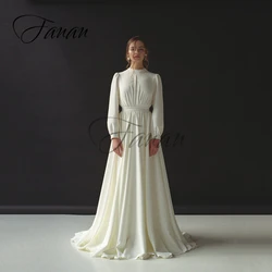 Simple O-Neck A-Line Wedding Dresses Backless Long Sleeve Satin Sweep Train Bridal Gown vestidos de novia robe de mariée платье