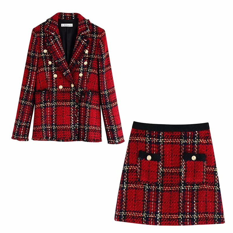 

Obrix Two Pieces Female Set V-Neck Full Sleeve Single Breasted Jacket Short Pockets Zipper Fly Mini Skirt Tweed Pattern Set