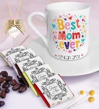 

Personalized Best Mother Coffee cup Chocolate Angel Wing Necklace Seti-5