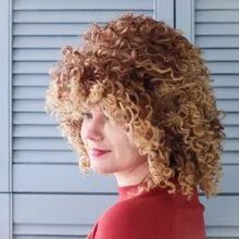 NNZES-peluca Afro rizada para mujeres negras, pelo sintético corto con flequillo, color negro y marrón, 14 pulgadas