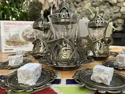 7 -  Anatolian Copper Ottoman Turkish Arabic Tea Cups Tea Coffee Glass Cups Mug 6 Set - 20 pcs Made in Turkey Christmas Gift Box