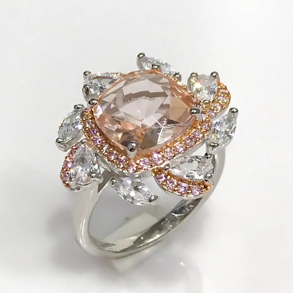 Sitrin-Pembe кварц специальное качество бриллиантовое серебряное кольцо