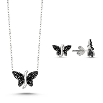 

Kutaydan Black Zircon Stone Butterfly 925 Sterling Silver Set Made in Turkey